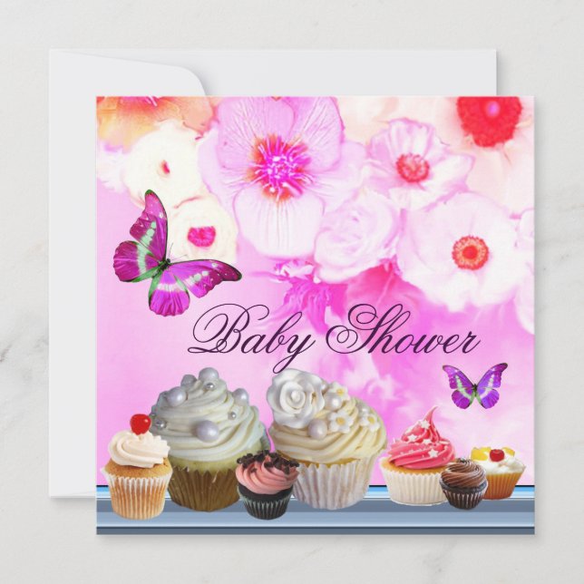 BUTTERFLY,ROSES,FLOWERS ,CUPCAKES Pink Baby Shower Invitation (Front)