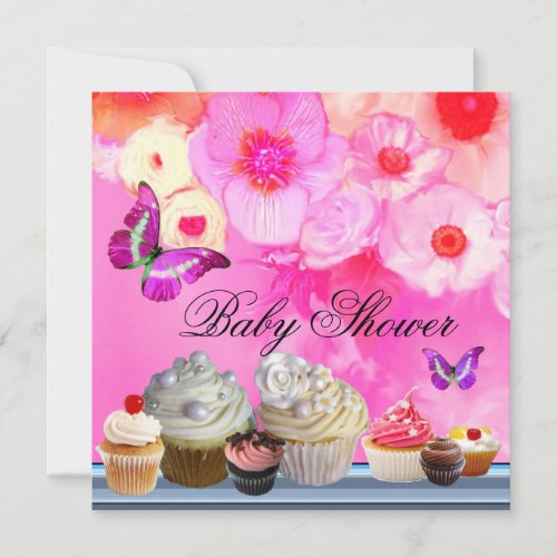 BUTTERFLYROSESFLOWERS CUPCAKES Pink Baby Shower Invitation