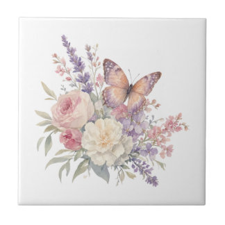 Butterfly roses flowers romantic ceramic tile
