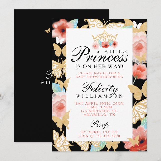 Butterfly Royal Floral Crown Black Gold Invitation (Front/Back)