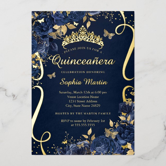 Butterfly Royal Navy Flower Gold Quinceanera Foil Invitation (Front)