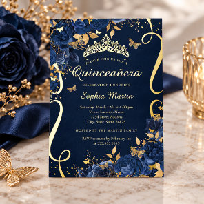 Butterfly Royal Navy Flower Gold Quinceanera Foil Invitation
