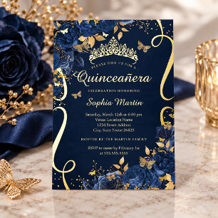 Butterfly Royal Navy Flower Gold Quinceanera Foil Invitation
