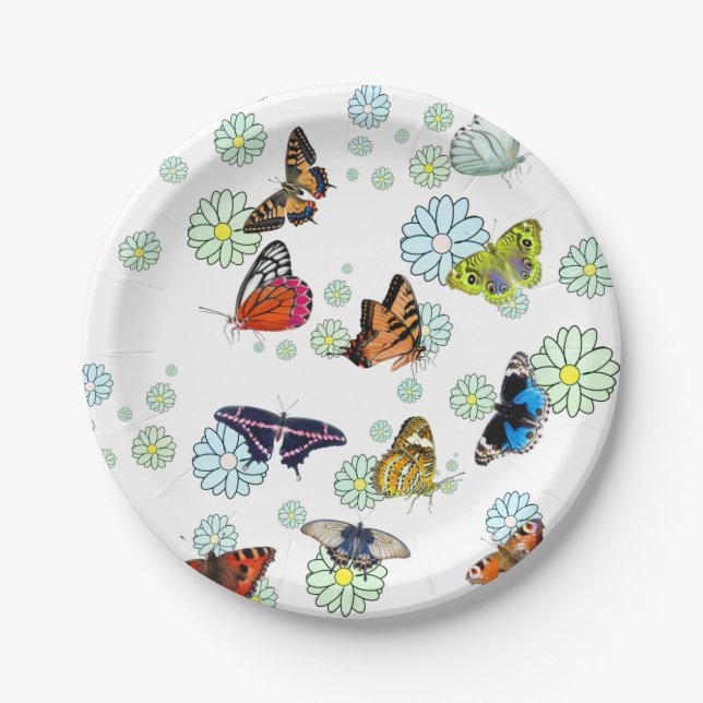 Butterfly’s Flying Over Blue Green Daisys Paper Plates (Front)