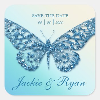 Butterfly Save Date Wedding Stickers Blue Glitter by WeddingShop88 at Zazzle