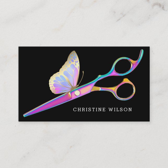 butterfly scissors on black hair stylist business card (Front)