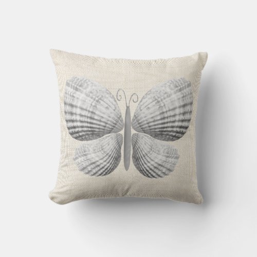 Butterfly Seashells  White Warm Neutral Cottage Throw Pillow