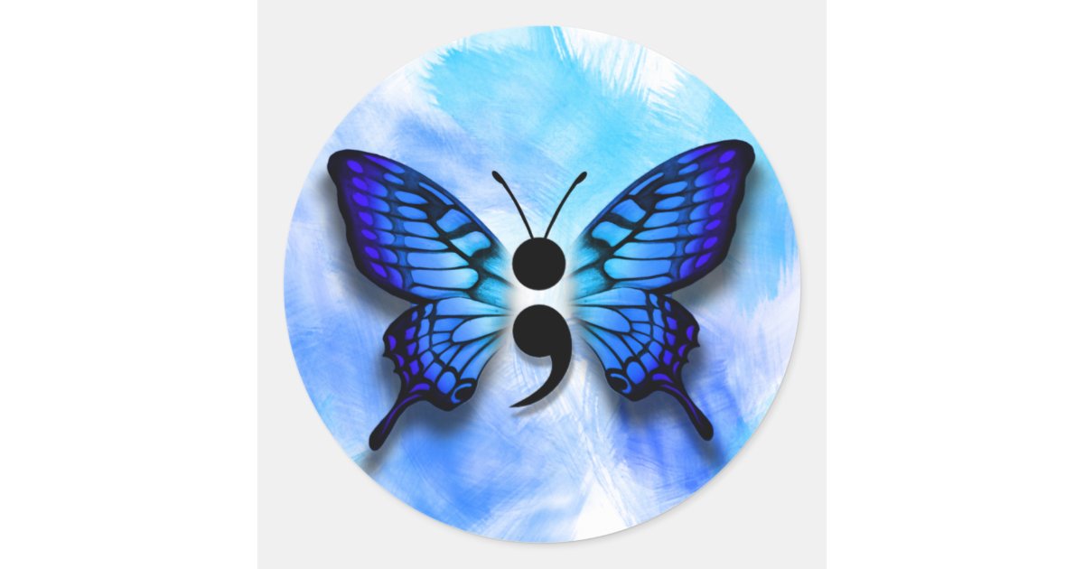 Butterfly semicolon badge classic round sticker | Zazzle