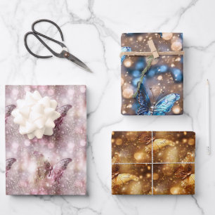 Butterfly shimmer pink blue gold glitter shine wrapping paper sheets