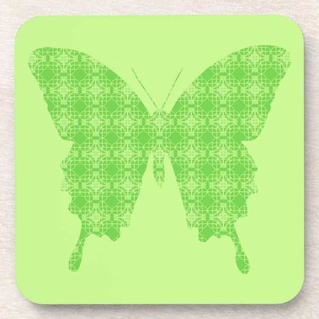 Butterfly silhouette, lime green beverage coaster (Front)
