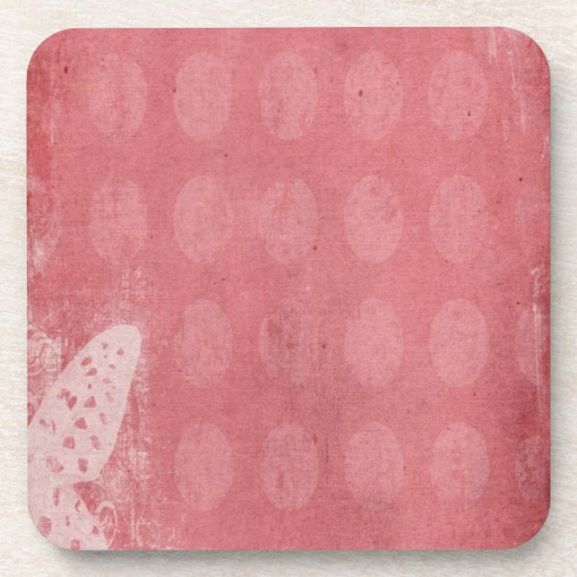 Butterfly Silhouette on Pink Grunge Drink Coaster (Front)