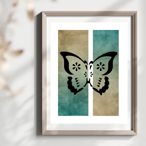 Butterfly Silhouette Rich Tan Turquoise Background Poster