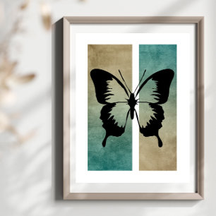Butterfly Silhouette Rich Tan Turquoise Background Poster
