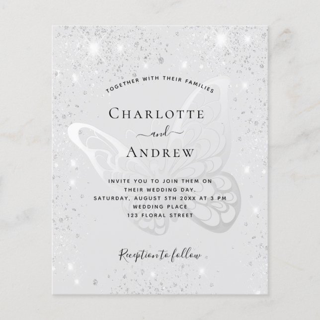 Butterfly silver glitter wedding budget invitation flyer (Front)