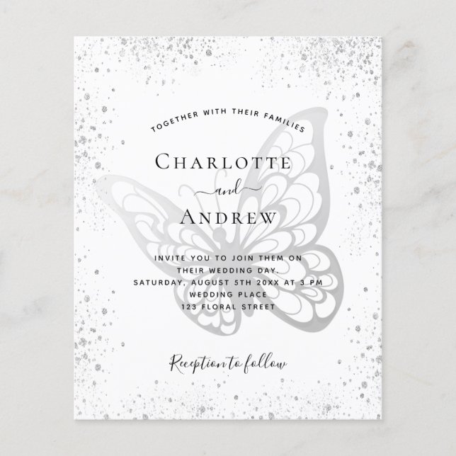Butterfly silver gray glitter wedding budget flyer (Front)
