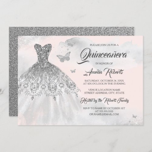 Butterfly Silver Pink Dress Watercolor Quinceanera Invitation