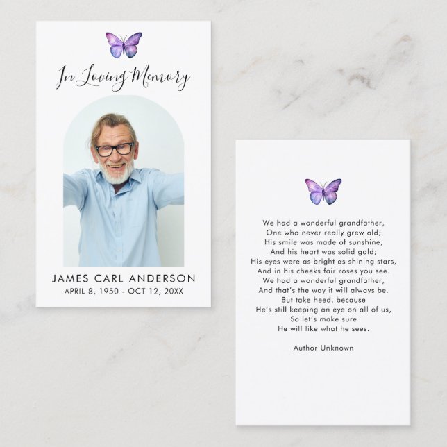 Butterfly Simple Photo Arch Memorial Prayer Card (Front/Back)