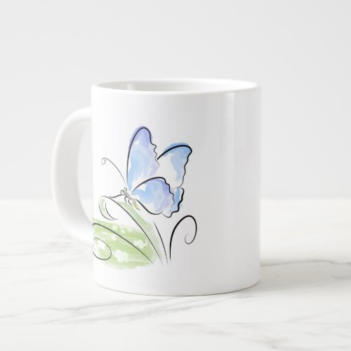 Butterfly sitting on grass over flower field large coffee mug