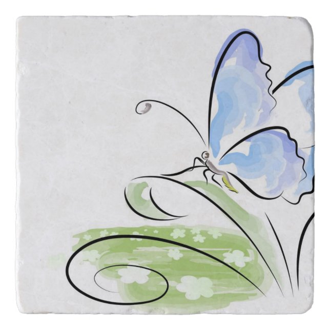 Butterfly sitting on grass over flower field trivet (Front)