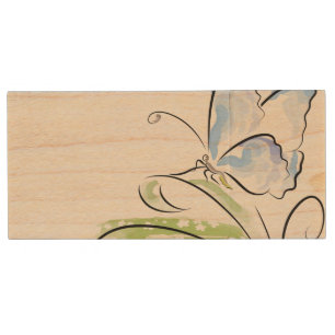 Butterfly sitting on grass over flower field wood USB flash drive