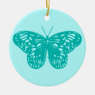 Butterfly sketch, aqua and turquoise ceramic ornament