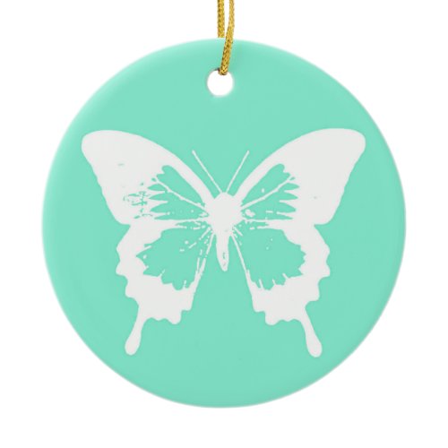 Butterfly sketch, aqua and white ceramic ornament