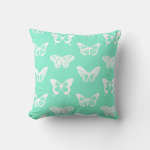 Butterfly sketch, aqua and white throw pillow