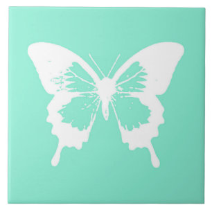 Butterfly sketch, aqua and white tile