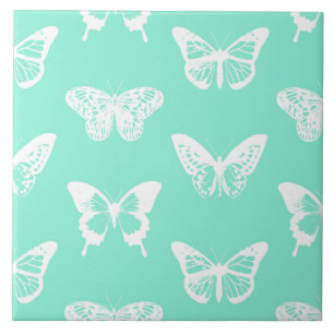 Butterfly sketch, aqua and white tile
