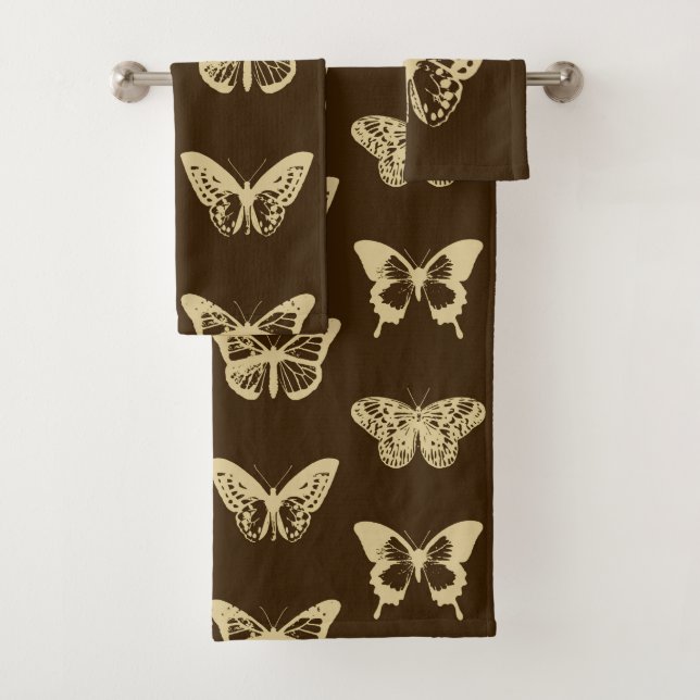 Butterfly sketch, beige on chocolate brown bath towel set (Insitu)