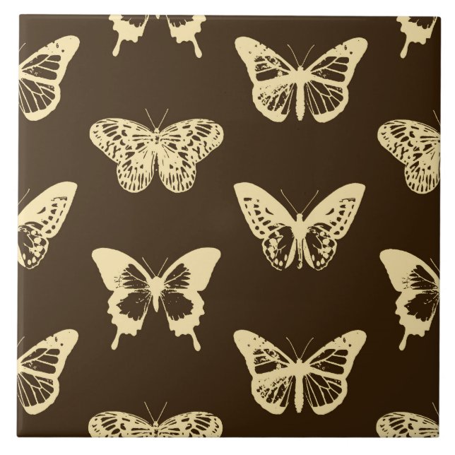 Butterfly sketch, beige on chocolate brown ceramic tile (Front)