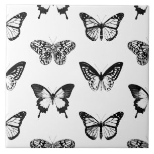 Butterfly sketch, black and white ceramic tile