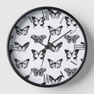 Butterfly sketch, black and white clock