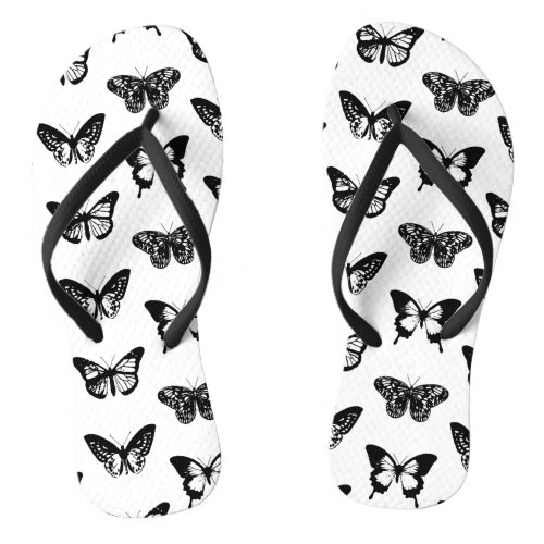 Butterfly sketch black and white flip flops