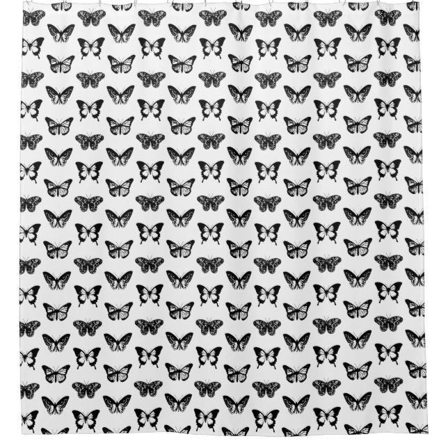 Butterfly sketch, black and white shower curtain (Front)