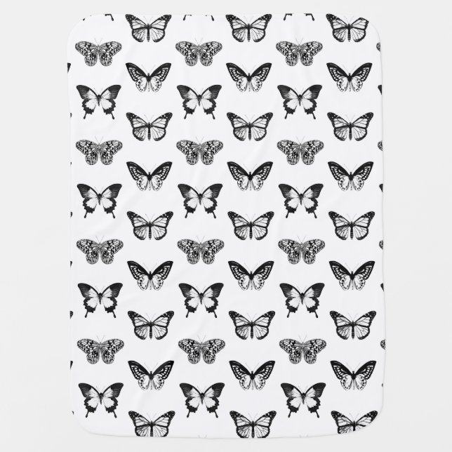 Butterfly sketch, black and white swaddle blanket (Front)