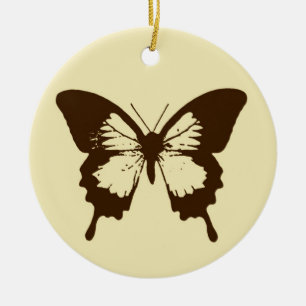 Butterfly sketch, chocolate brown on beige ceramic ornament