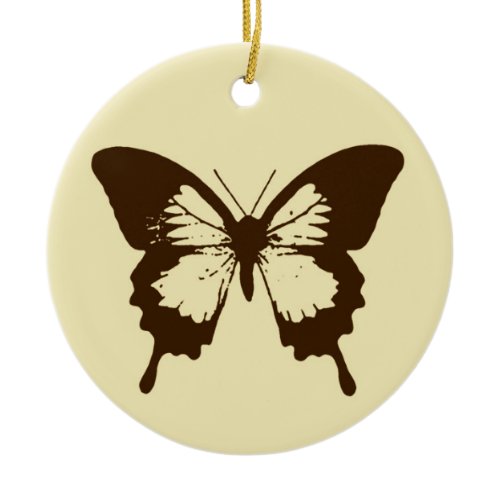 Butterfly sketch, chocolate brown on beige ceramic ornament