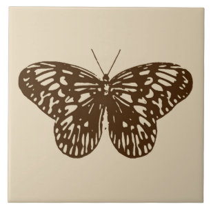 Butterfly sketch, chocolate brown on beige ceramic tile