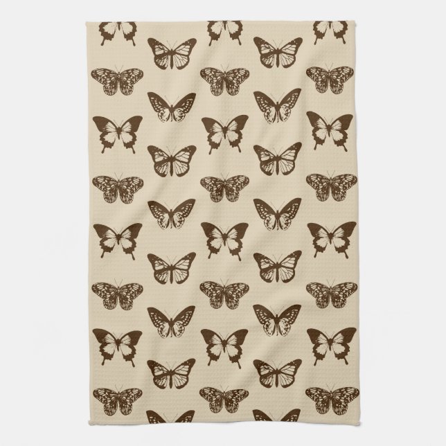 Butterfly Sketch, Chocolate Brown on Beige  Kitchen Towel (Vertical)