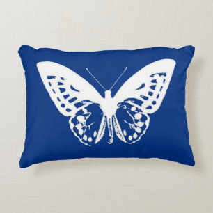 Butterfly sketch, cobalt blue and white accent pillow
