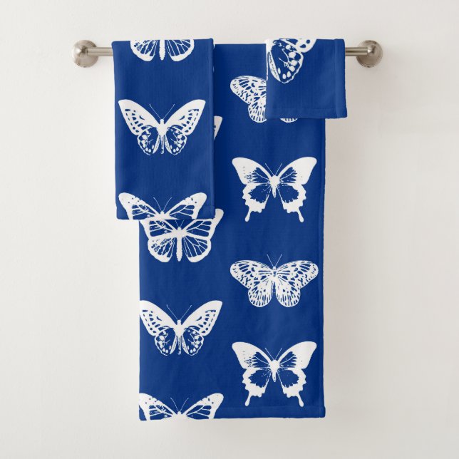 Butterfly sketch, cobalt blue and white bath towel set (Insitu)