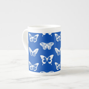 Butterfly sketch, cobalt blue and white bone china mug