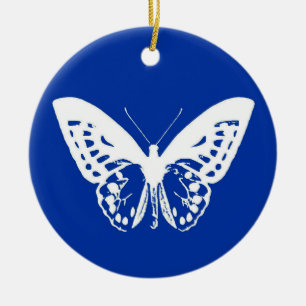 Butterfly sketch, cobalt blue and white ceramic ornament