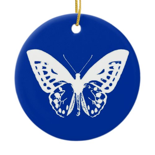 Butterfly sketch, cobalt blue and white ceramic ornament