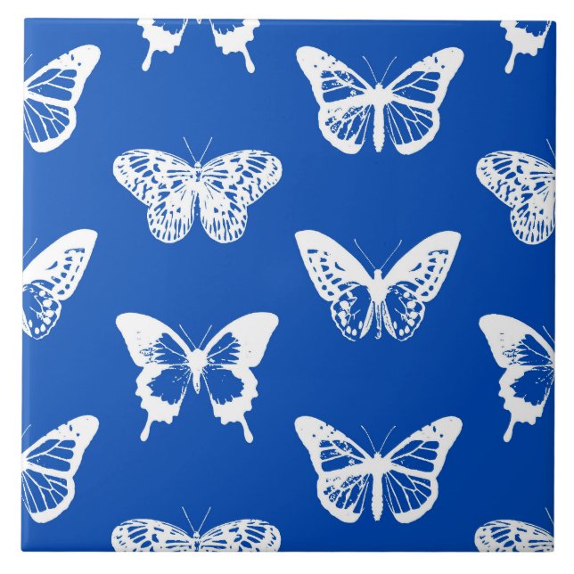 Butterfly sketch, cobalt blue and white ceramic tile (Front)
