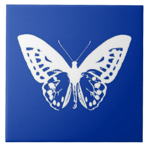Butterfly sketch, cobalt blue and white ceramic tile