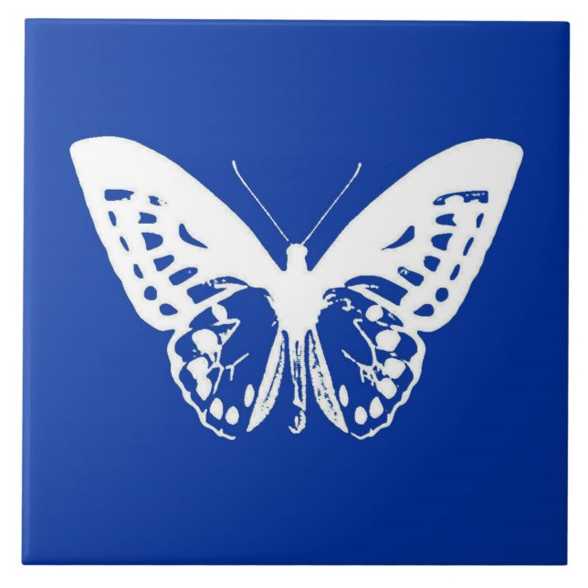 Butterfly sketch, cobalt blue and white ceramic tile (Front)