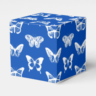 Butterfly sketch, cobalt blue and white favor boxes