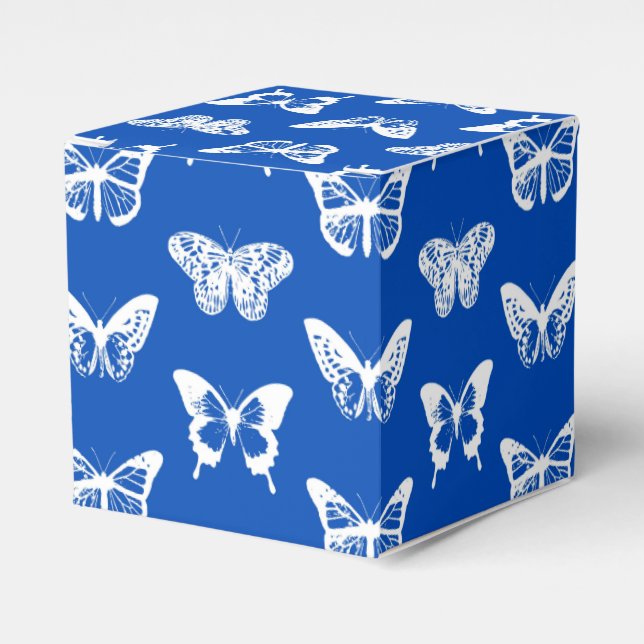Butterfly sketch, cobalt blue and white favor boxes (Front Side)